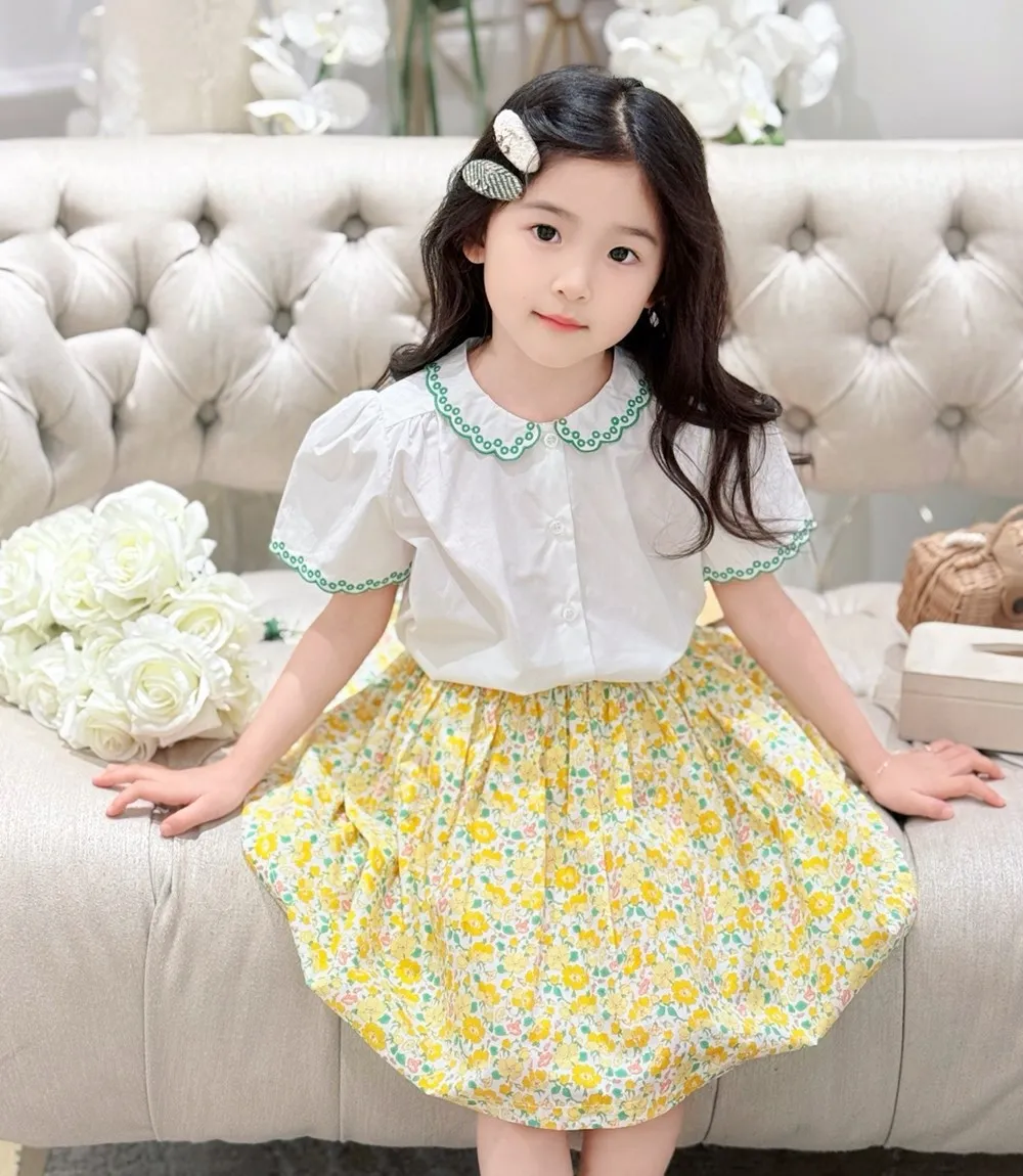 

kids girls clothes summer tops baby girls tshirts cotton Green embroidered lace shirt Girl's white shirt top