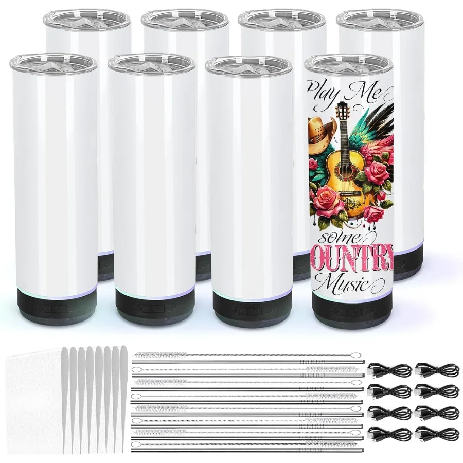 

8 упаковок, 20 унций, музыкальный динамик, стакан, сублимационный стакан, заготовки, тонкая прямая изолированная черная кофейная кружка с двойными стенками и отстежкой