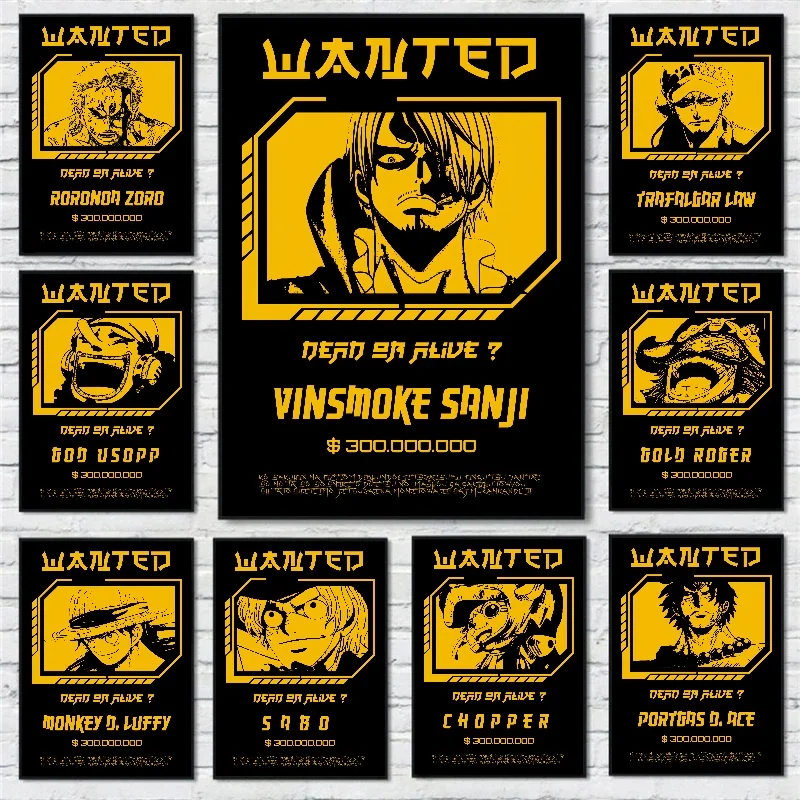 

10PCS Anime Luffy Straw Hat Pirates One Piece Wanted Poster Stickers Vintage Painting Kid Bed Room Wall Decorate Adult Toy Gift