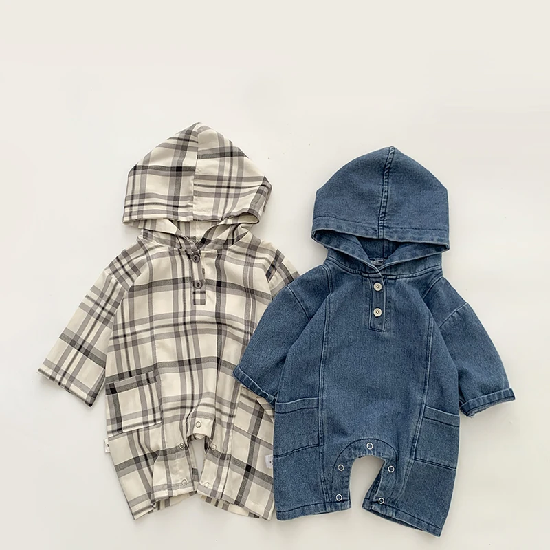 Spring And Autumn Infant Baby Boys And Girls Denim Hooded Romper Long-sleeved Soft Cute Kids Onepiece Fashion Baby Clothing