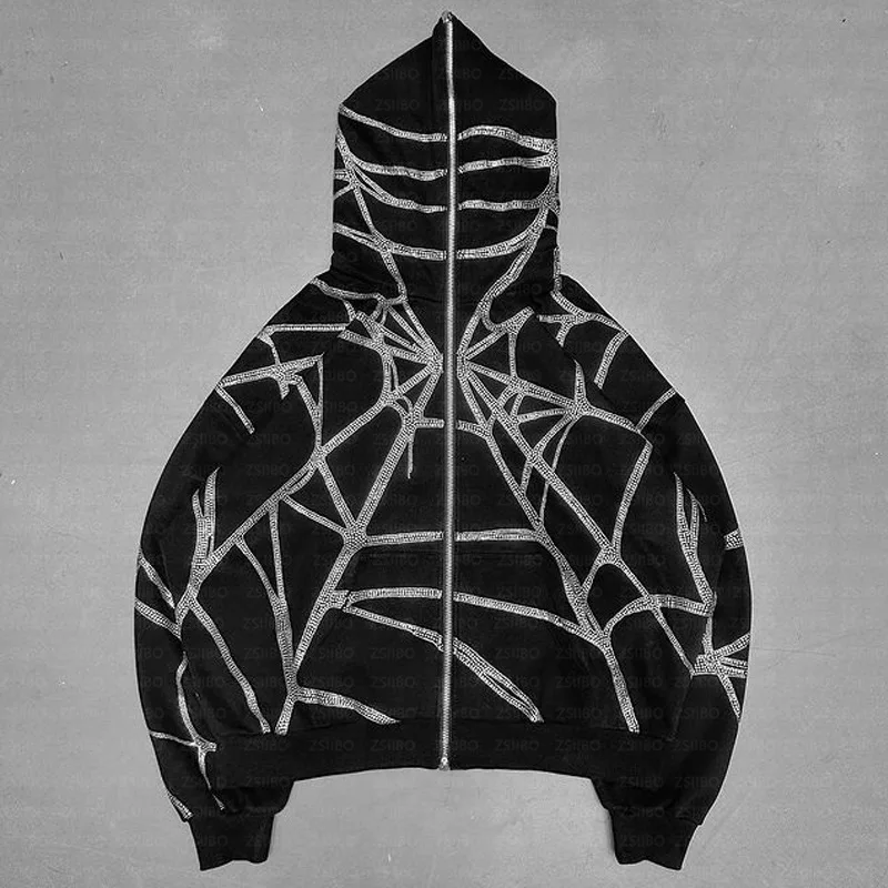 Zipper Lightning Print Rhinestone Bling Women Hoodie Hip Hop Gothic Oversized Y2k United State Retro Sweatshirt Streetwear