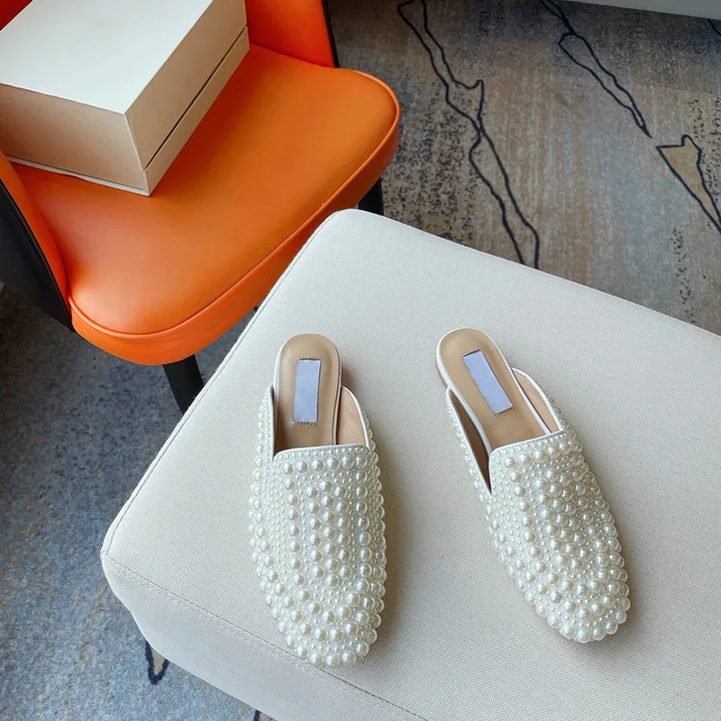 Summer New Handmade Pearl Baotou Slippers with Genuine Leather Sweet One Step Outward Wearing Flat Bottom Slippers for Women