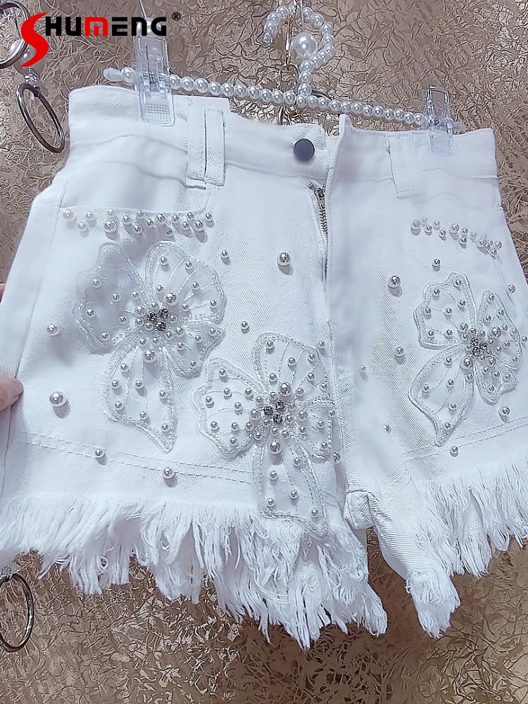 

Female 2025 Summer New High-end Sequined Fairy Three-dimensional Beaded Mesh Gauze Shorts Crystal Rhinestone Flower Denim Shorts