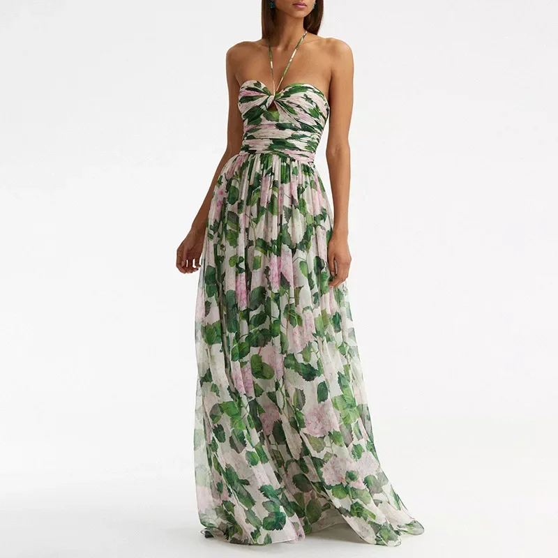 

WHYS 2024 Summer New Australian Green Print Long Dress Fashion Hanging Neck Sleeveless Sexy Long Dress dress for women