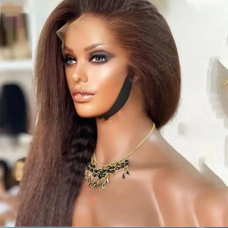 

Brown Soft 26Inch Long 180Density Yaki Preplucked Lace Front Wigs For Women Kinky Curly Baby Hair Glueless Good Texture