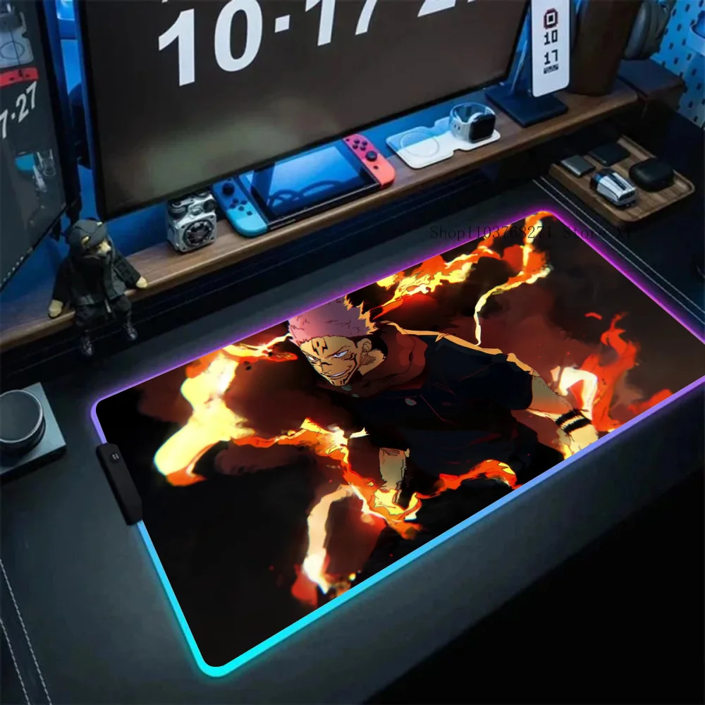 Devine Flame Sukuna Jujutsu Kaisen Mousepad XXL RGB Gaming Mouse Pads HD Black Gamer Accessories Large LED