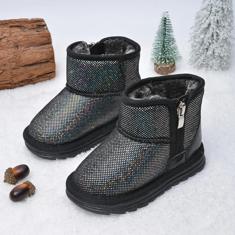 Winter New Bright Side Zipper Children Snow Boots Rubber Soft Bottom Warm Low Top Baby Cotton Shoes 방한화 Сапоги מגפיים ブーツ 스노우부츠