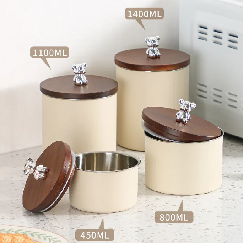 304 Stainless Steel Coffee Bean Storage Jar Mahogany Lid Round Moisture Proof Fresh Keeping Sealed Jar Dried Fruit Box Snack Jar