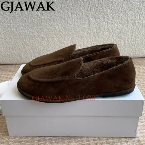 Autumn Winter Wool Suede Leather Loafers Women's Flat Casual Fur Shoes Slip On Single Shoes Warm Ballet Flats Shoes Women