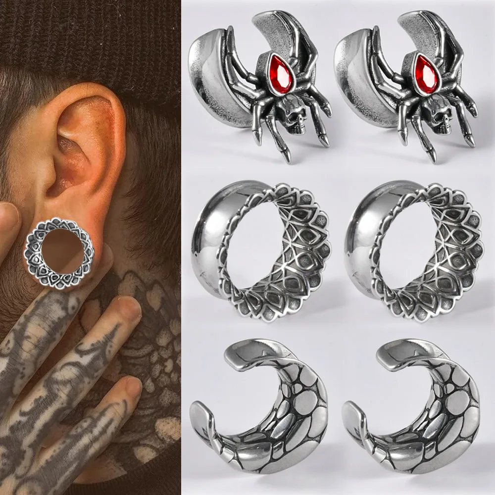 1PC Stainless Steel Spider Ear Plugs Expanders Red Zircon Ear Gauge Tunnles Earring Gauges Stretchers Piercing Jewelry 8mm-25mm