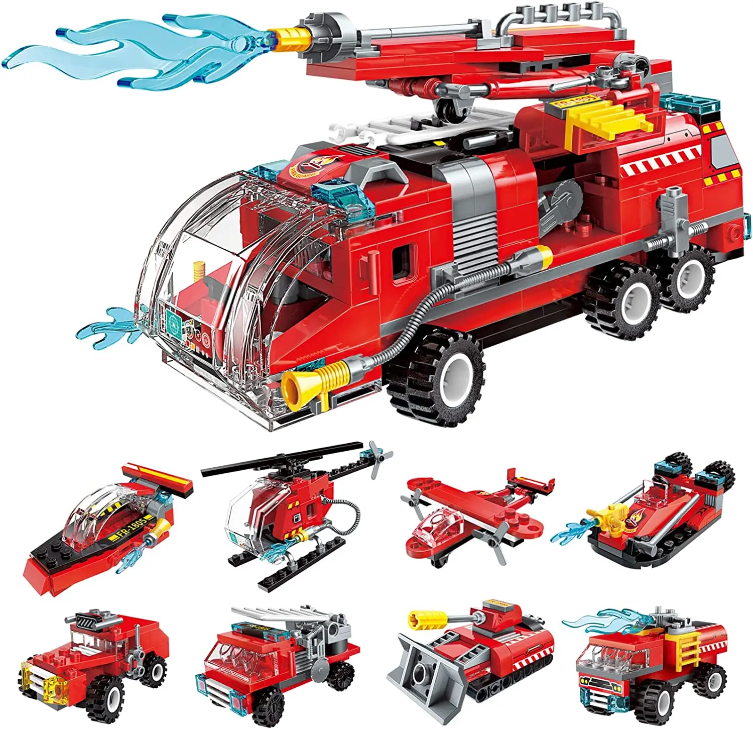 

MOC City Fire Truck 8-in-1 Deformed Brick Fire Helicopter Building Block Set for Boys and Children's Birthday Gift Toys