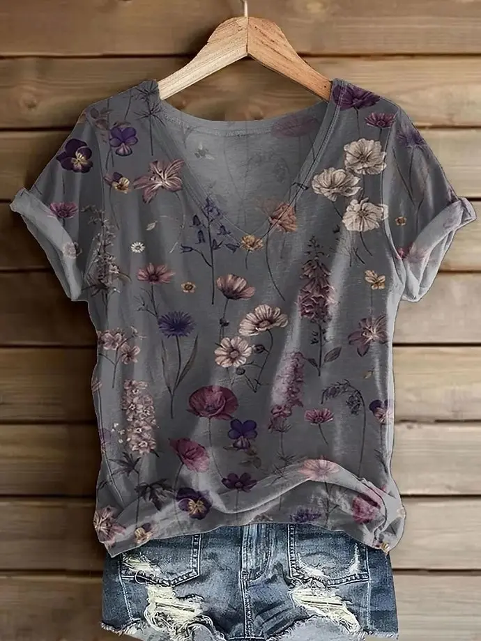 Women V Neck Short Sleeve T-Shirt Boho Ethnic Carpet Floral Mandala Print Vintage Art Pattern Casual Summer Daily Basic Tee Tops