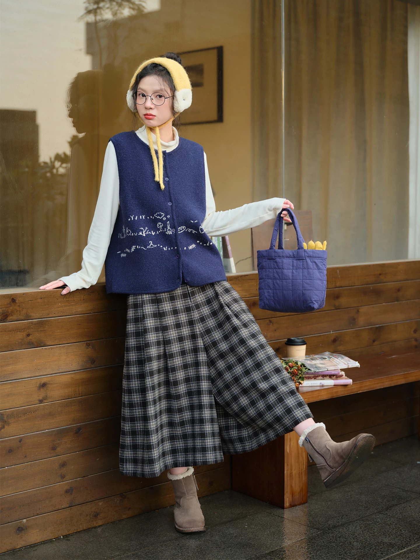 Original Design Plaid Woolen Wide Leg Pants Skirt Casual High Waist Button Closure Women's Autumn Winter Fashion Trousers