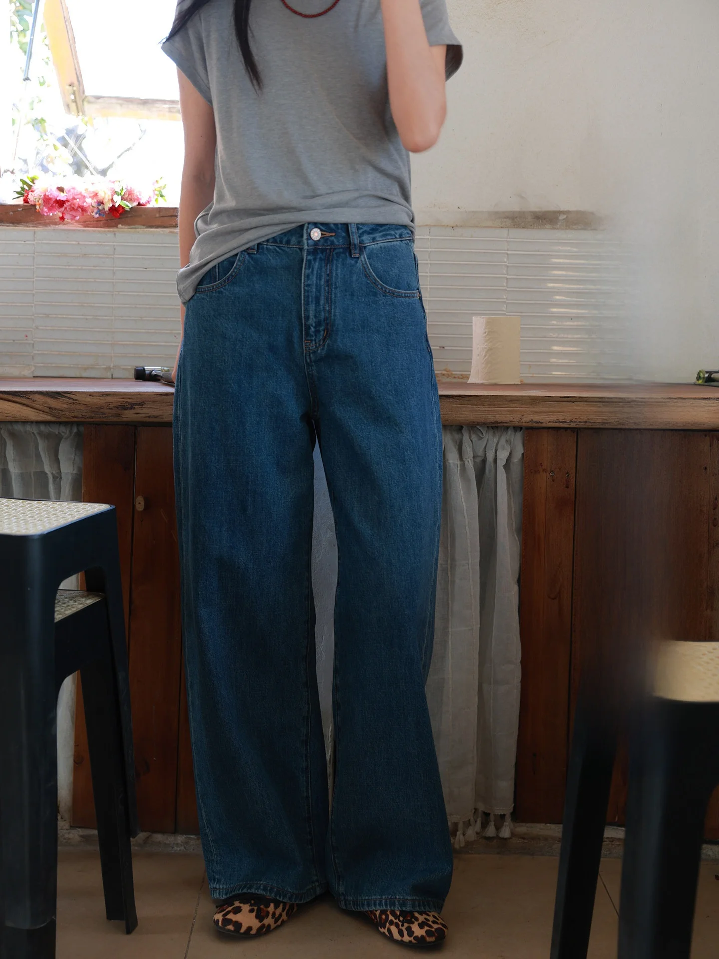 

Spring New Cotton Denim Pants High Waist Straight Leg Casual Women's Commuter Loose Fit Long Trousers by DWIND