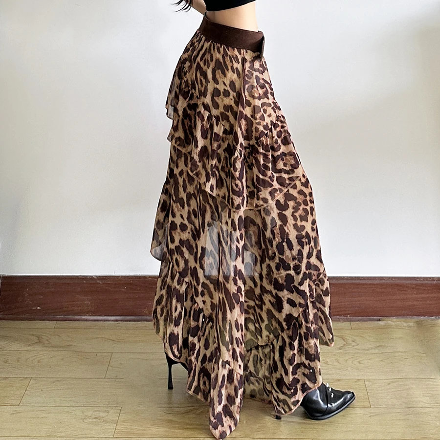 กระโปรงยาวลายเสือดาวทรงเอวสูง ดีไซน์จับจีบเป็นชั้นๆ สไตล์สาวฮอต แฟชั่นสตรีท ลุคเท่ๆ คลาสสิก