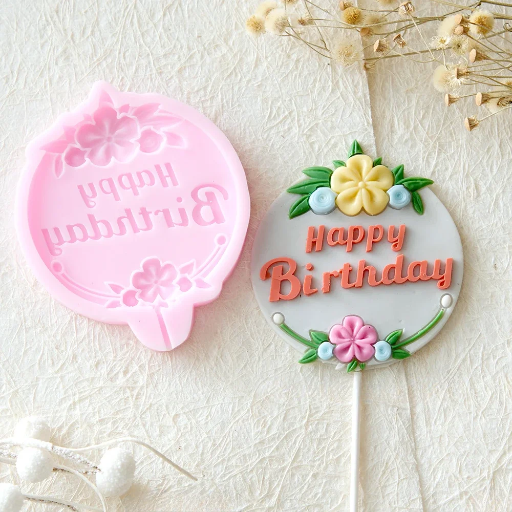 

Flower Round Brand Silicone Molds English Happy Birthday Cake Decoration Accessories Baking Tool Chocolate Fondant Mold