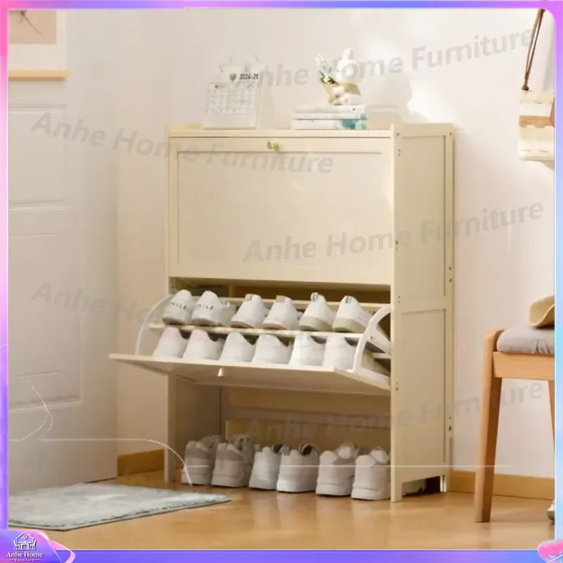 Ultra Thin Bamboo Shoe Cabinet Wall Mounted 2 Layer Dustproof Shoe Rack Simple Entryway Storage Organizer for Home Porch
