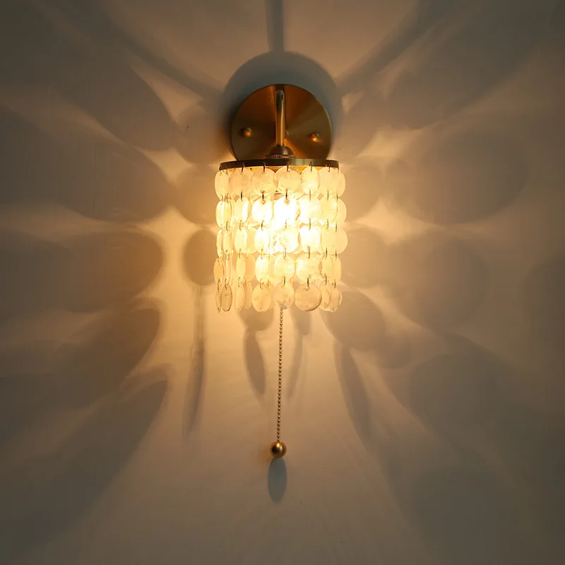 Japanese-style shell wall lamp bedroom bedside lamp retro literary homestay creative personality all copper with switch cable