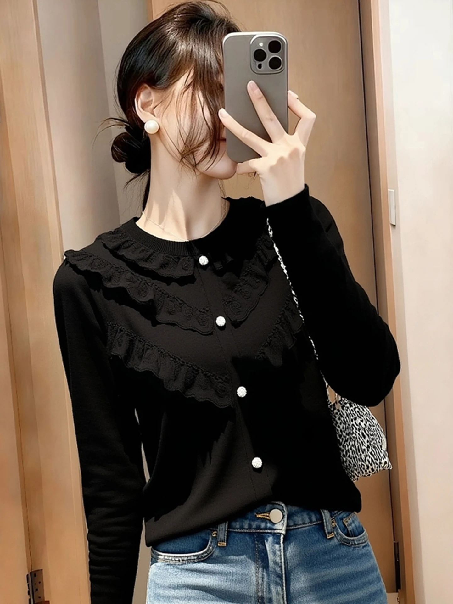 كشكش Sve محبوك سترة الدانتيل المرقعة طويلة Sve ملابس داخلية 2025 شتاء جديد Sle طبقة قاعدة دافئة المرأة Faion #2