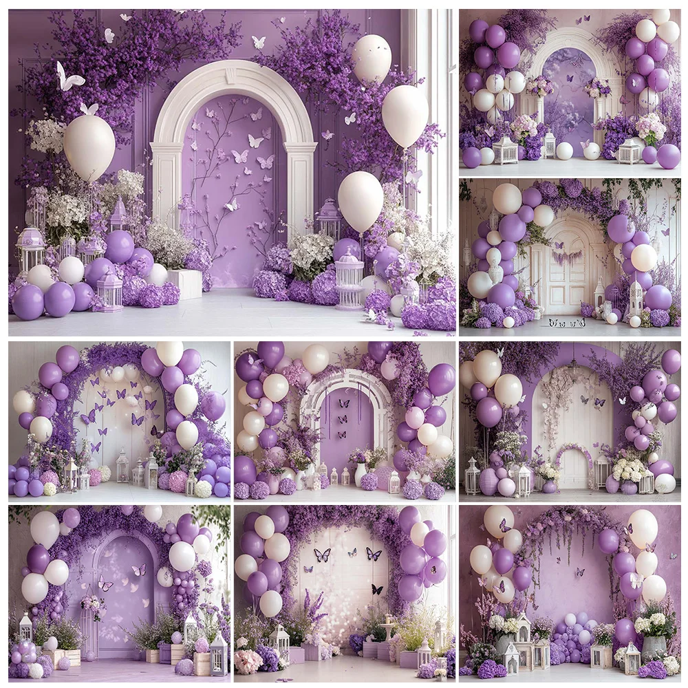 

LS Butterfly Cake Smash Photography Background Children Birthday Backdrop Balloons Wall Flowers Purple Wedding Photocall Props