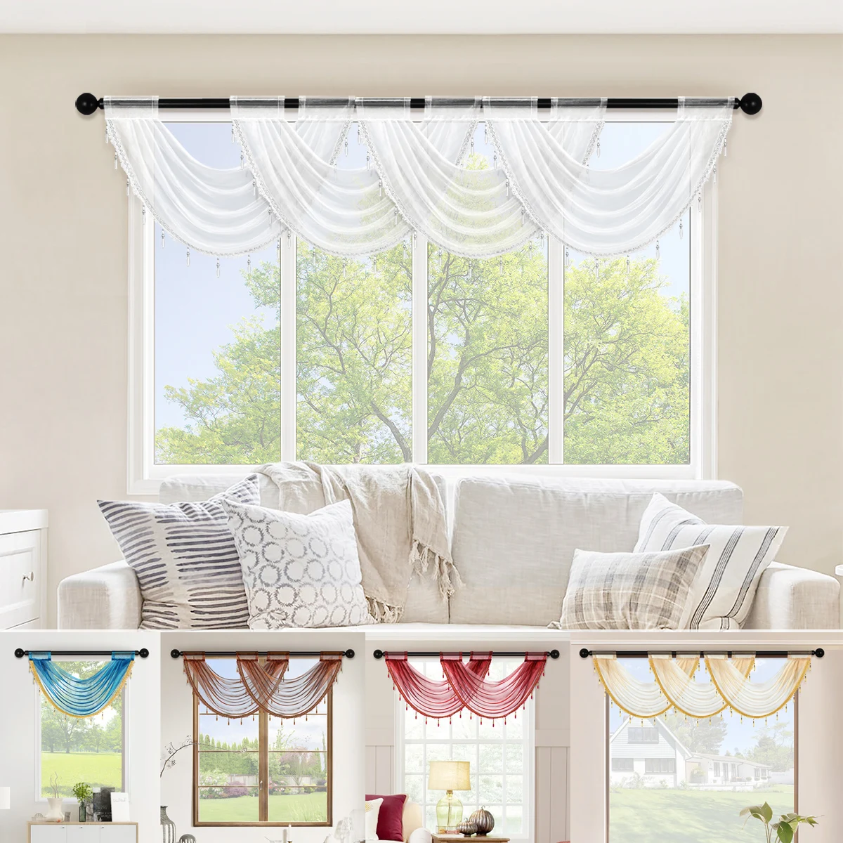 1pc Pure Color Thin Gazue Curtain Valance，Modern Sheer Valance with Beads，Rod Pocket，Home Window Decor