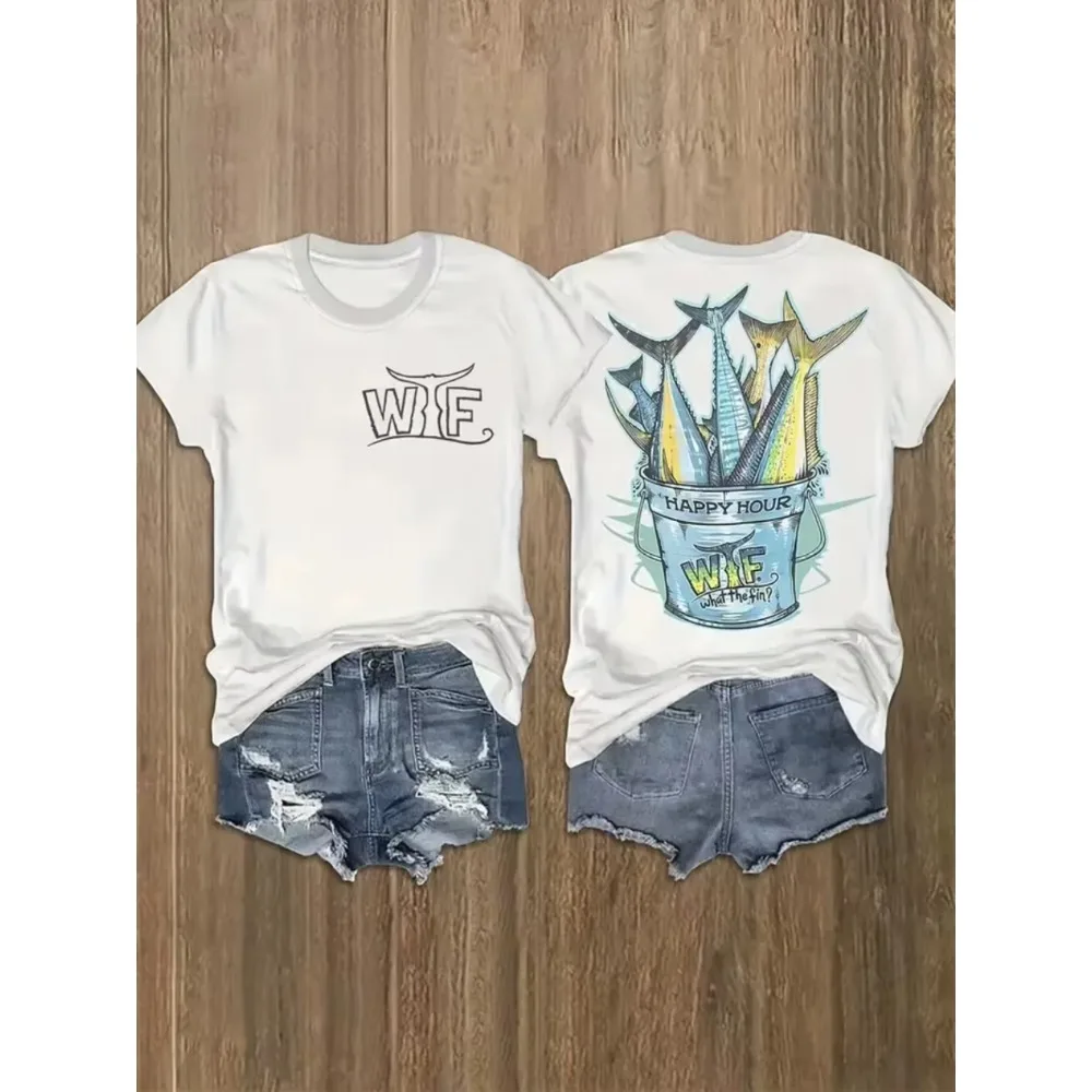 What The FIN Happy Hour Fishing Bucket Graphic T-Shirt Casual Male Short Sleeve  Angler's Funny Fishing Print Outdoor Daily Top