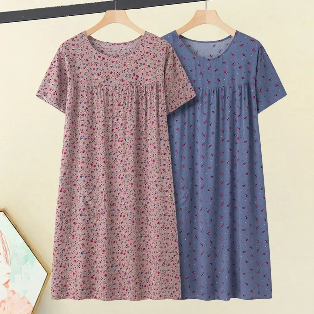 

Women Summer Nightdress Flower Print Round Neck Short Sleeve Loose Pullover Sleepwear Mother Home Wear Mid-aged Female Nightgown