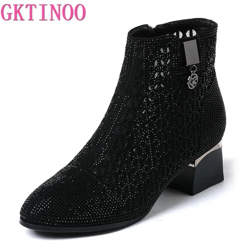 GKTINOO Fashion Crystal 2024 Spring Summer Mesh Ankle Boots for Women Pointed Toe Thick Heels Shoes Woman Zapatos De Mujer