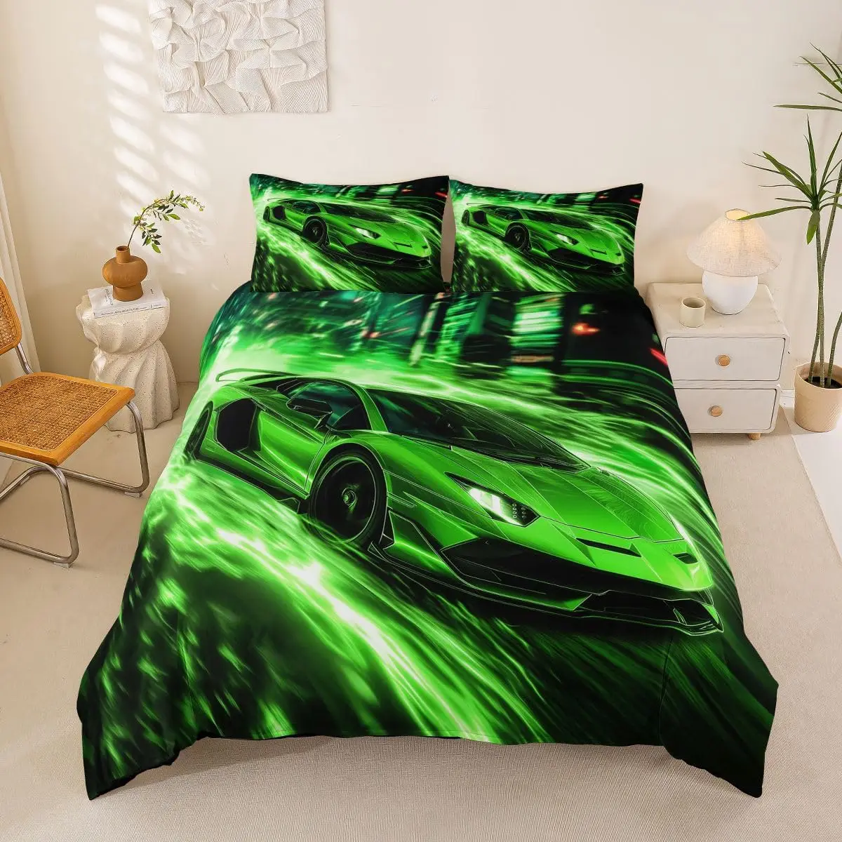 Green Car Cot Duvet Cover Set Speed Racing Car Bedding For Kids Teens Extreme Sports Lover Quilt Cover Lightening Bed Sets