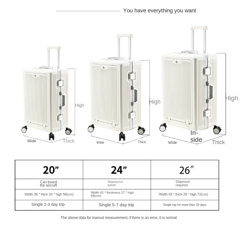 Дорожный чемодан 20 дюймов, 24 дюйма, 26 дюймов, чемодан для ноутбука с передним отверстием, чемодан на колесиках с алюминиевой рамой, ручная кладь