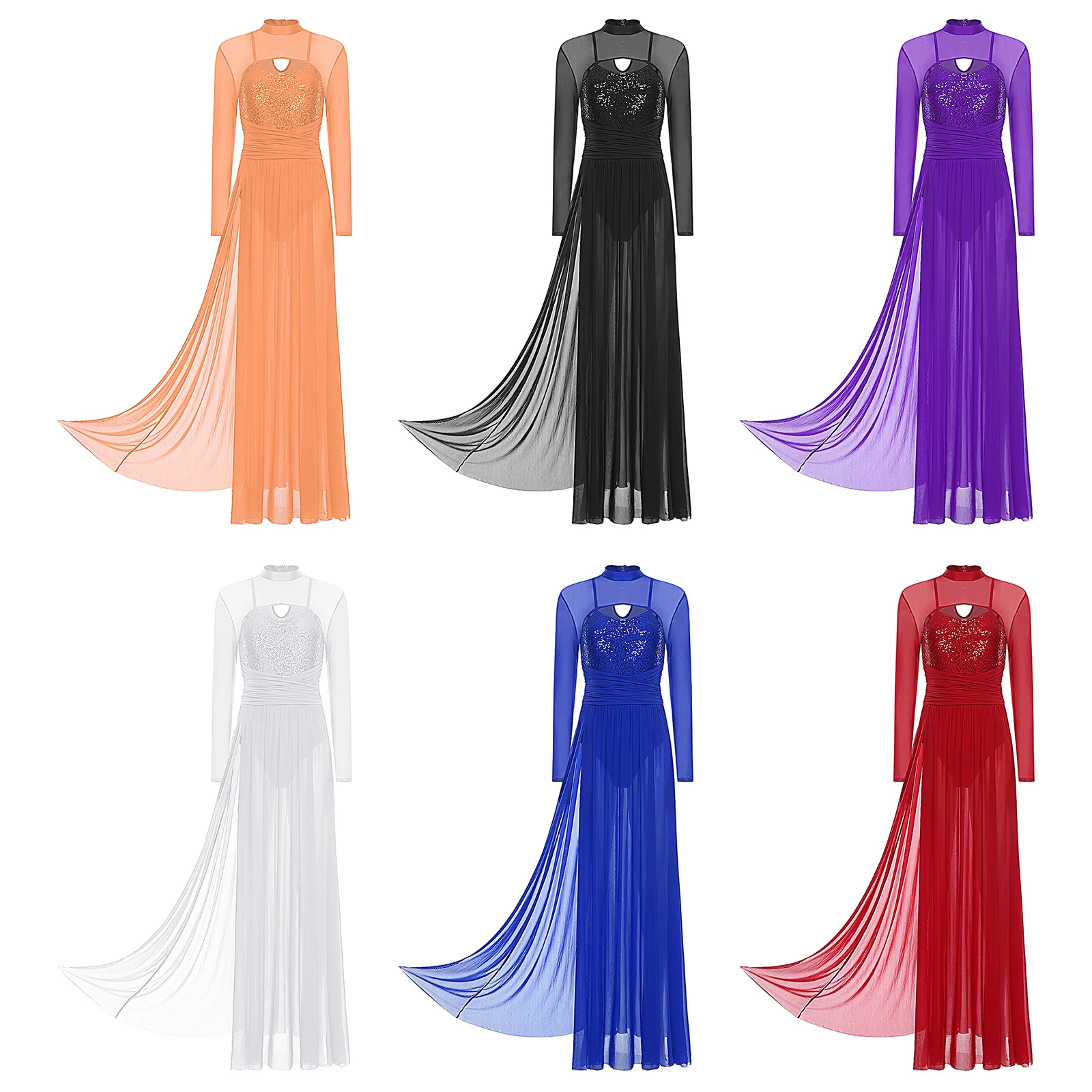 ผู้หญิงโมเดิร์นโคลงสั้น ๆ เต้นรําชุดแขนยาวเลื่อมตาข่าย Tulle แยก Maxi Leotard ชุดสําหรับยิมนาสติกสเก็ตบัลเล่ต์