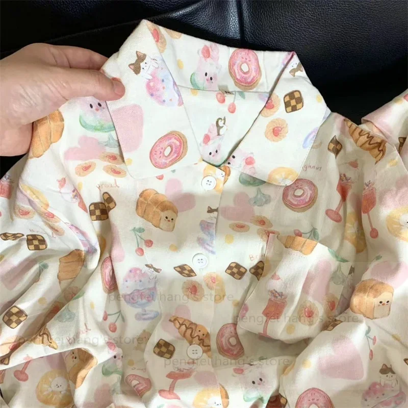 100% coton Pijama Mujer vêtements De nuit doux dessin animé beignet Pyjamas costume 2 pièces Pijamas De Mujer automne nouveau doux maison vêtements