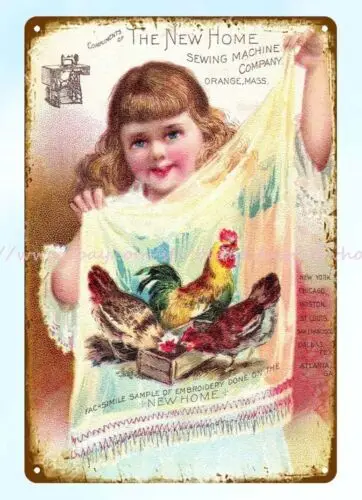 Girl Chicken Embroidery New Home Sewing Machine 19th century metal tin sign