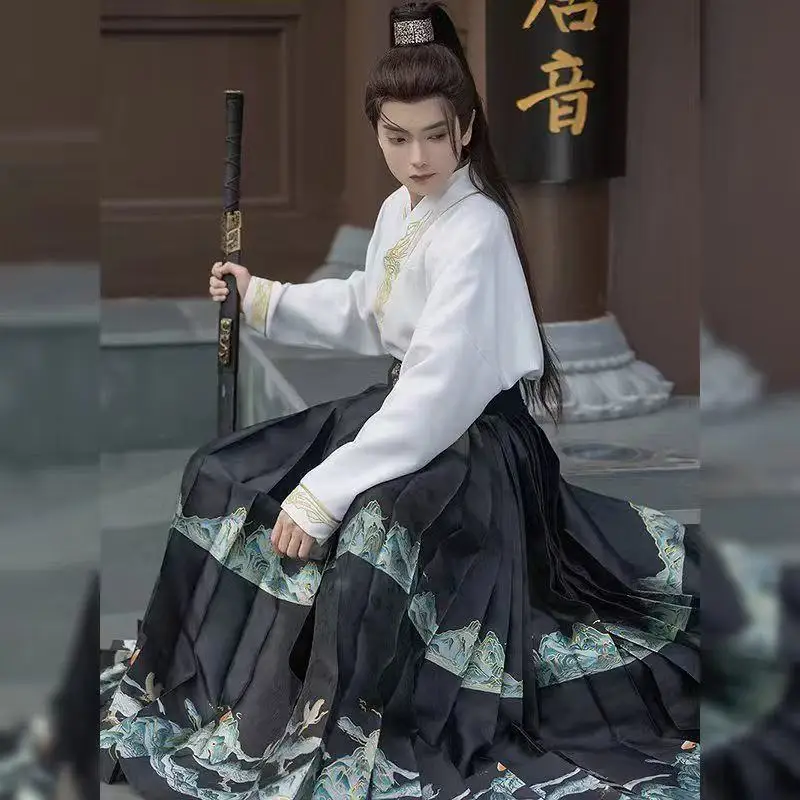 ผู้ชายทอทอง Horse Face กระโปรงคลาสสิกแบบดั้งเดิม Jacquard Hanfu Vintage คู่ Stage Party รูปภาพชุดสวมใส่ทุกวัน