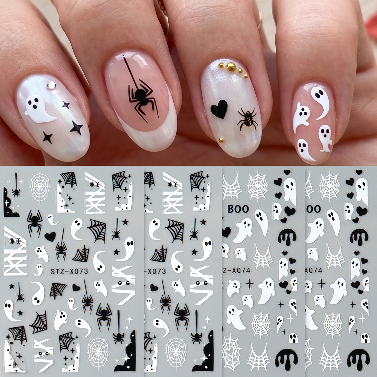 4 Stück schwarz-weiße Geister-Halloween-Nagelaufkleber, niedliche Gothic-Style-Cartoon-Geister, Spinnennetze, Nagelaufkleber, DIY-Maniküre-Dekorationen – Detail 3