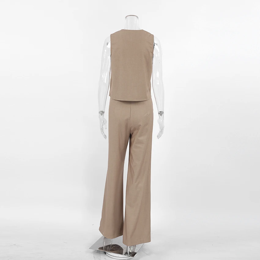 Gilet monopetto da ufficio Linad con pantaloni lunghi a vita alta Set da 2 pezzi Elegante top con scollo a V Pantaloni a gamba larga con tasche