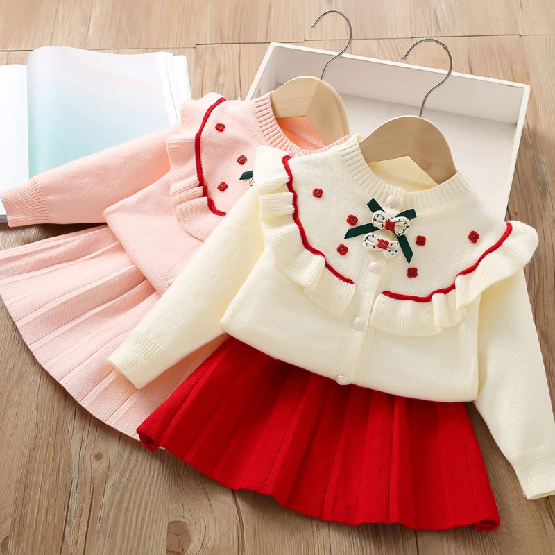 

Girls' Sweater Set Autumn and Winter New Girls' Baby Long Sleeve Bow Cardigan Long Sleeve Sweater + Knitted Skirt Two-piece Set