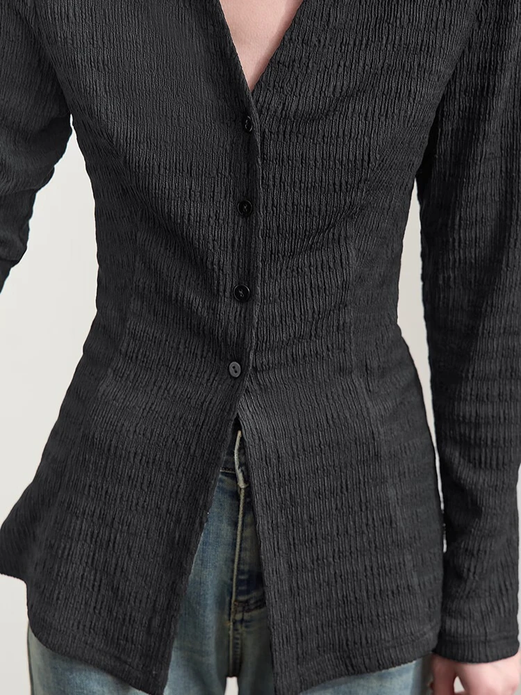 Amii Minimalizm 2025 Damskie Koszule Jesień Nowa Bluzka Sweter Rozpinany z Dekoltem w Serek Długi Rękaw Dopasowana Modna Koszula Bluzki dla Kobiet 12413010