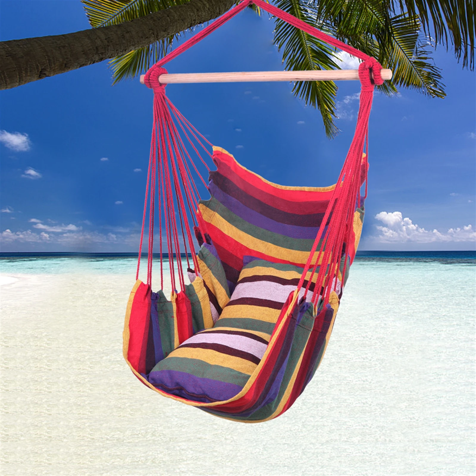 Distinctive Cotton Canvas Hanging Rope Chair with Pillows Rainbow