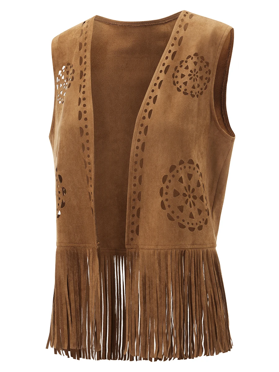 Women s Fringe Faux Suede Vest Casual Open Front Sleeveless Tassel Hippie Jacket