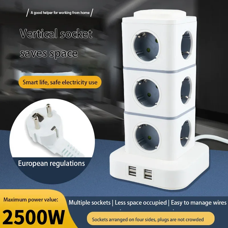 Listwa zasilająca wieżowa 12-gniazdowa z 4 portami USB, przewód przedłużający 1,8 m, wtyczka EU, zabezpieczenie przed przeciążeniem, włącznik, pionowa listwa zasilająca.