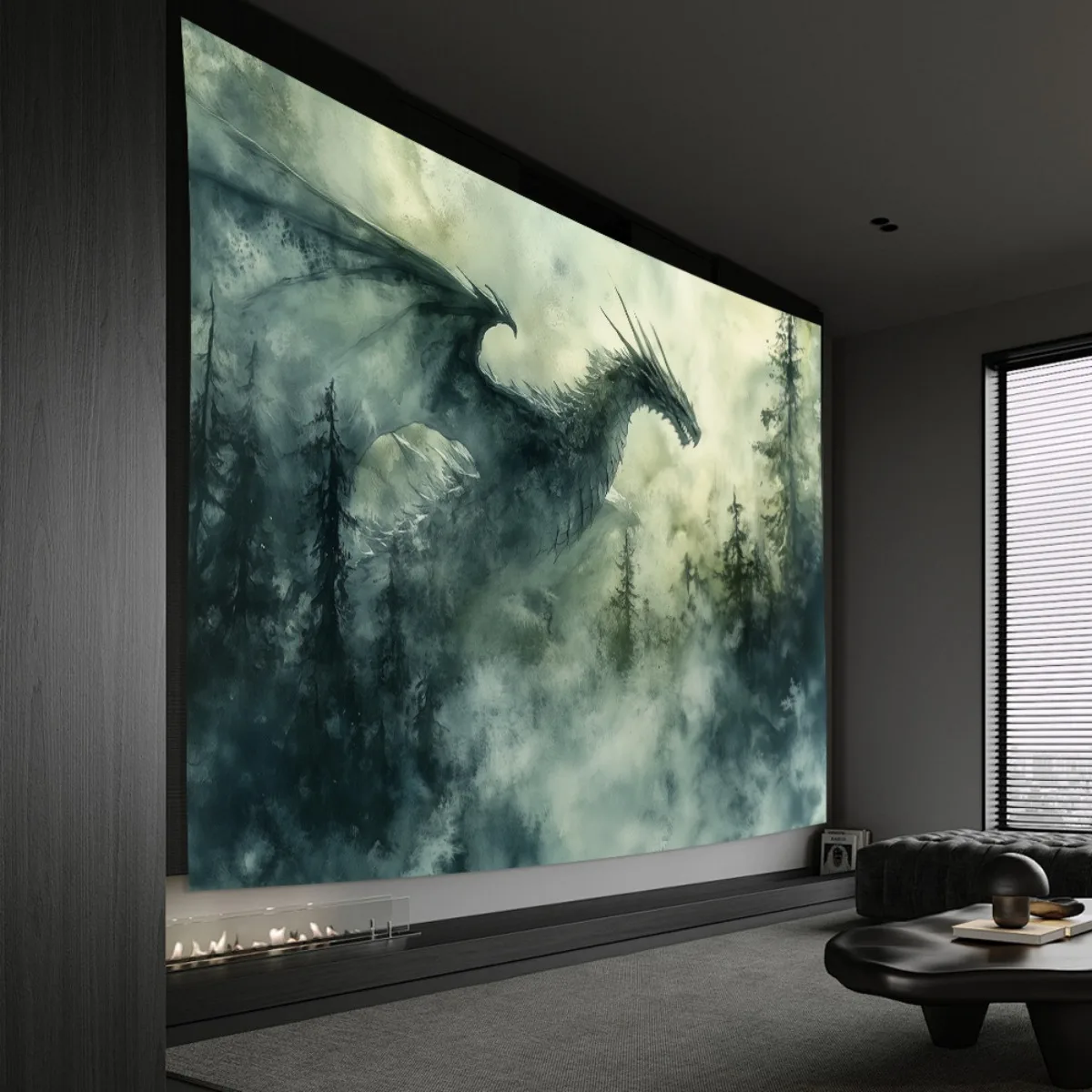 VIKAMA Forest Dragon Tapestry Dark Fantasy Wall Carpet Deep Green Misty Forest Land Dragon Art Living Room Decoration