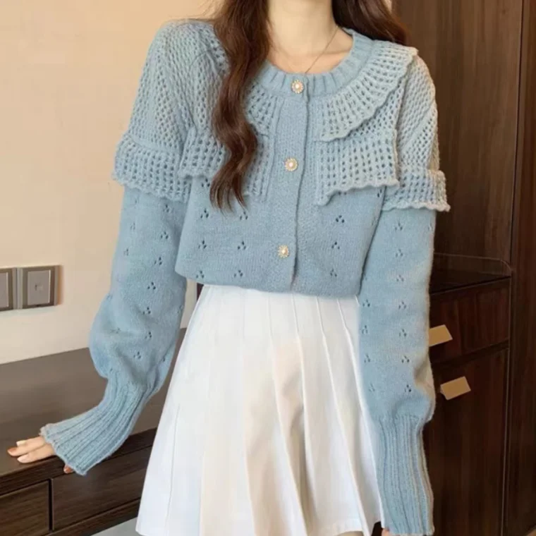 

Spring 2024 New Blue Knit Cardigan Sweater + Pleated Short Skirt Two Piece Set cropped cardigan