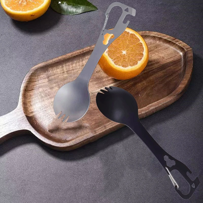 5 في 1 فائدة سبورك المحمولة الفولاذ شوكة ملعقة أدوات المائدة متعددة الوظائف فتاحة الزجاجات أدوات التخييم الأكل أدوات المائدة