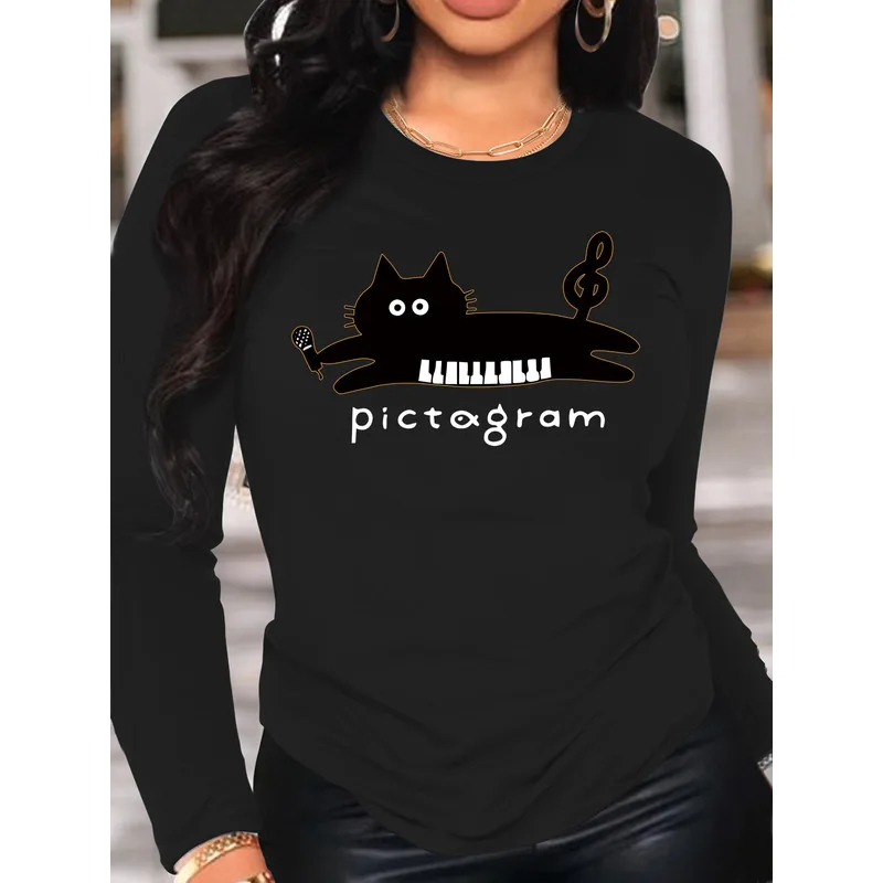 Women's Long Sleeve T-Shirt Pictagram Music Cat Piano Microphone Treble Clef Graphic Crew Neck Slim Fit Spring Fall Tops