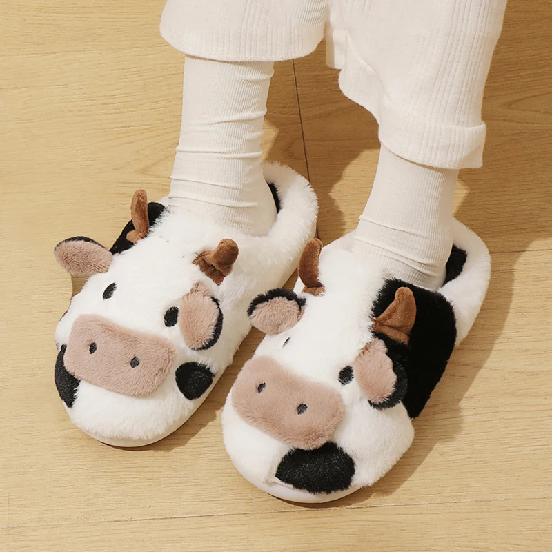 Winter Unisex Women Men Cute Cartoon Cow Warm Plush Slippers Couple\'s Indoor Non-slip House Slides Toe Wrap Home Cotton Shoes