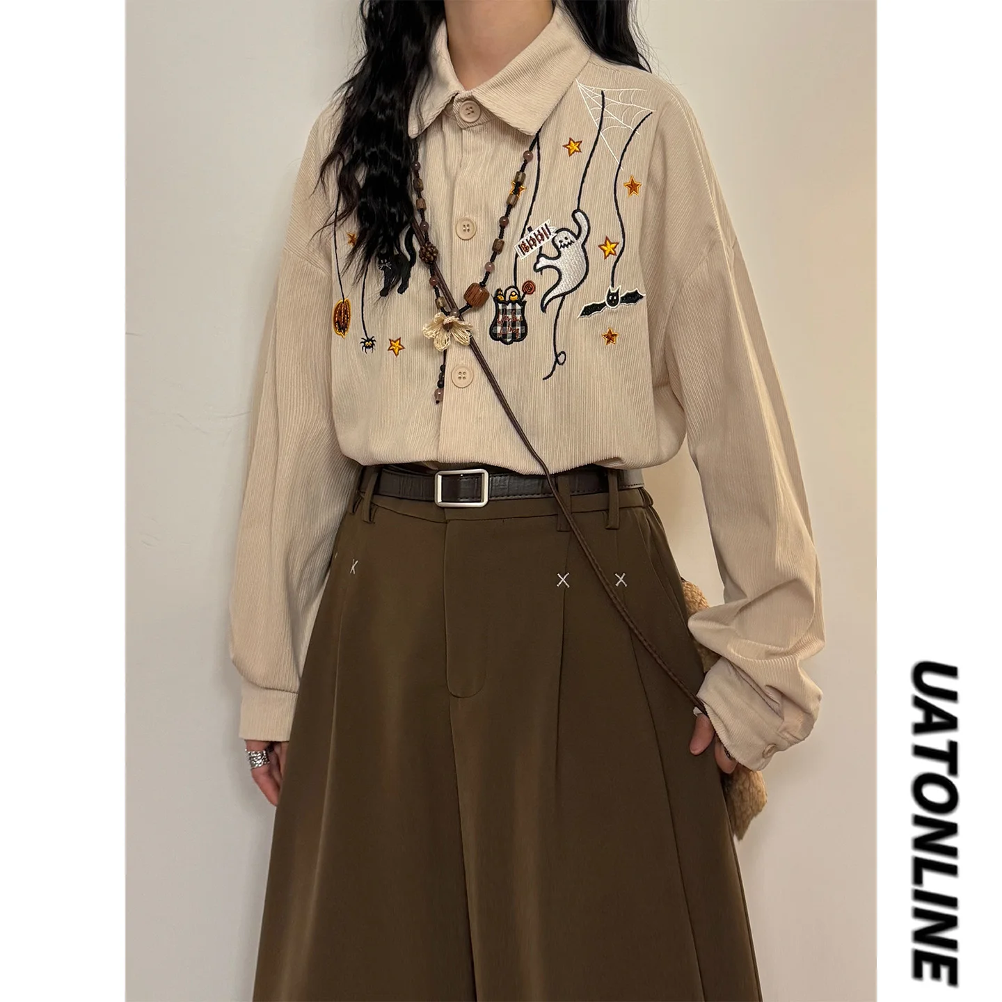 

UATONLINE Autumn Winter Women's Long Sve irt Embroidered Corduroy Pumpkin Monster Cartoon Retro American Sle Top