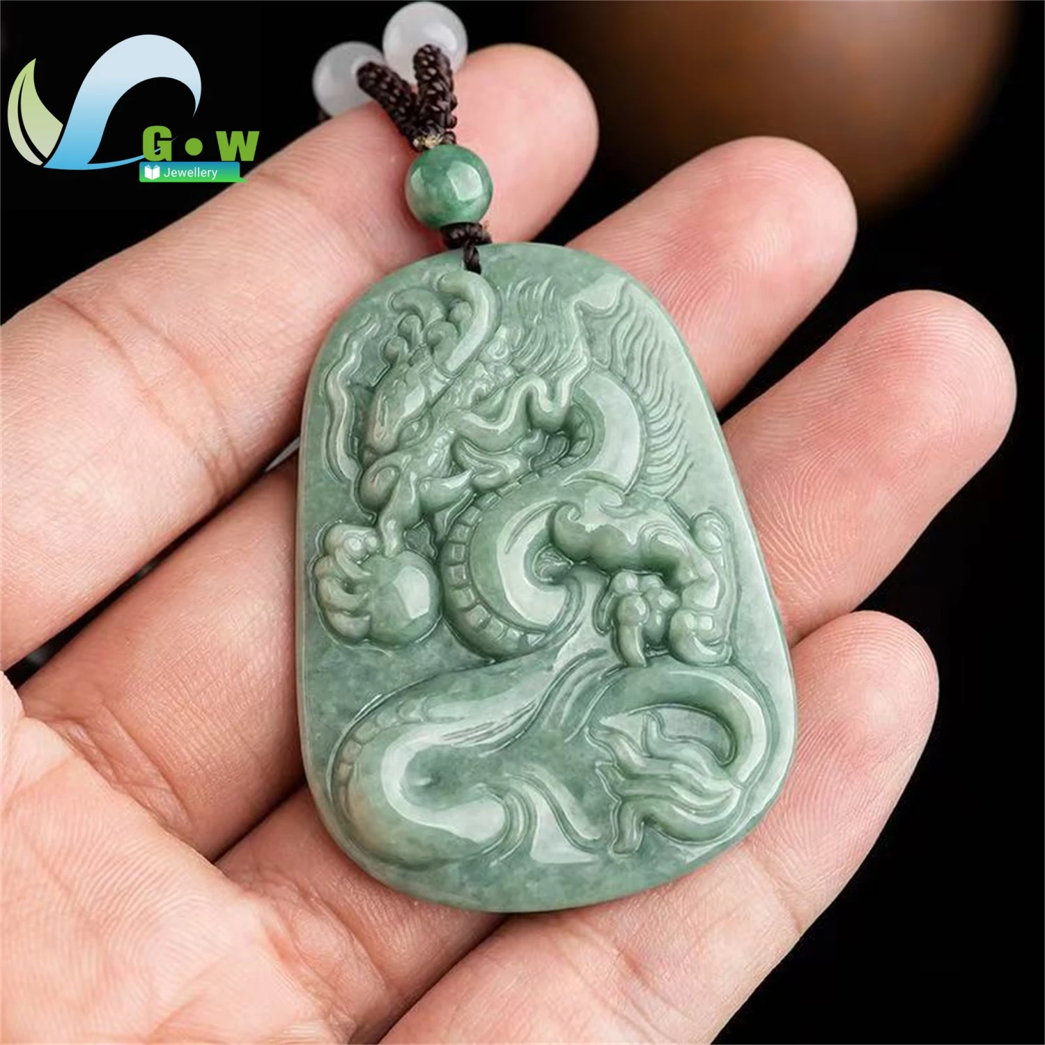 Natural Grade A Jadeite Bean Type Powerful Dragon Plaque Pendant Hanging Jade Amulet Necklace Unisex Carved Gemstone Jewelry