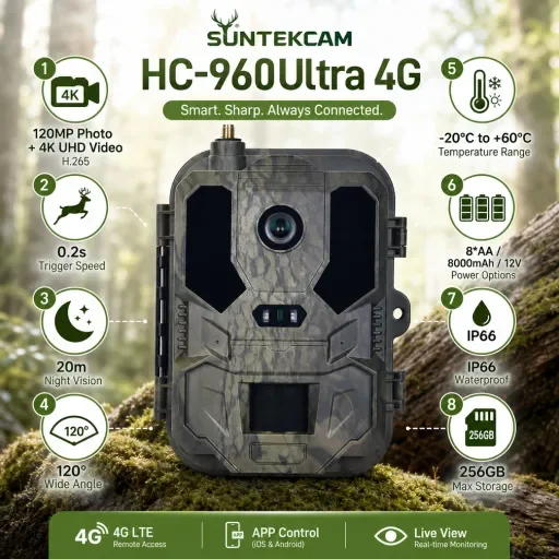 Kamera myśliwska 4G LTE z wbudowaną kartą SIM, sterowaniem przez aplikację, transmisją wideo 4K na żywo, usługą chmurową, FTP, SMTP, baterią 8000mAh, model HC-960Ultra-LI