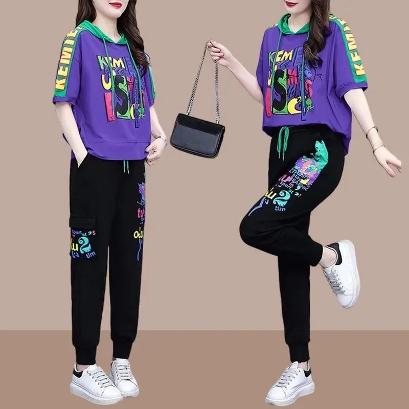 Sense of design feminino calças com capuz outfit 2025 senhora tamanho grande 4xl retalhos calças 2 pçs primavera femme impressão conjunto de duas peças